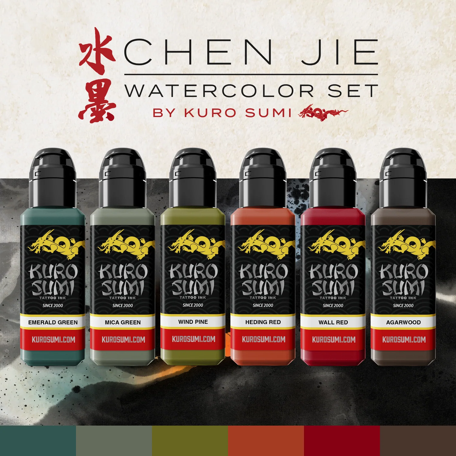 Chen Jie Watercolor Set — Kuro Sumi Tattoo Ink — 6 1.5oz Bottles - Image 2