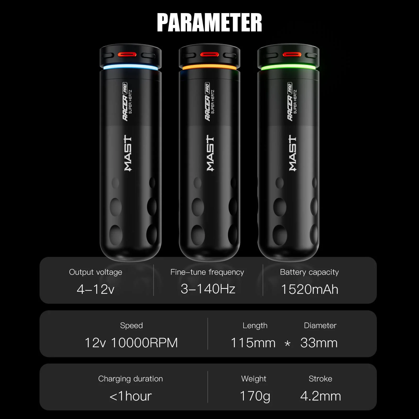 Dragonhawk Mast Racer Pro Wireless Tattoo Pen Machine — Black — 4.2mm Stroke - Image 3