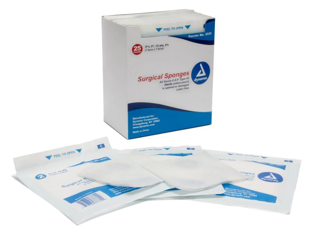 Dynarex 12 ply 2's Sterile Gauze, 3" x 3" - One Box of 25 pouches