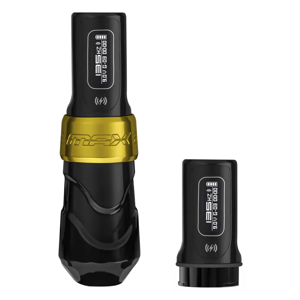FK Irons Flux Max Wireless Tattoo Machine with 2 PowerBolt II — 4.5mm Stroke — Gold Stealth