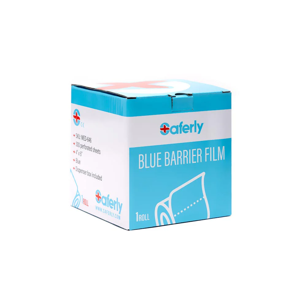 Saferly Blue Travel-Sized Barrier Film in Dispenser Box — 4” x 6” — Roll of 300 Sheets - Image 2